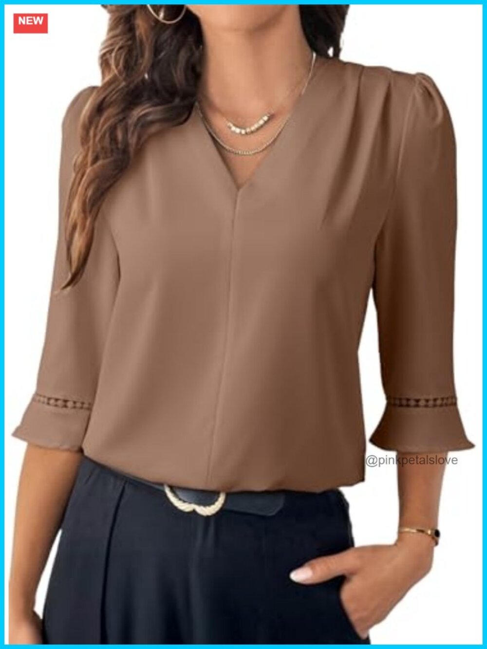 Pleated V Neck Blouse 3/4 Sleeve Ruffle Cuff Loose Fit Work Top